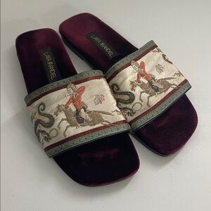 Lava Mandel Silk Tapestry And Burgundy Velvet Flats Slides Size 9